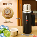 Caneca Kit Garrafa Térmica Vacuum Bottle Inox 500ml + 3 Xícaras Bebidas Fria ou Quente