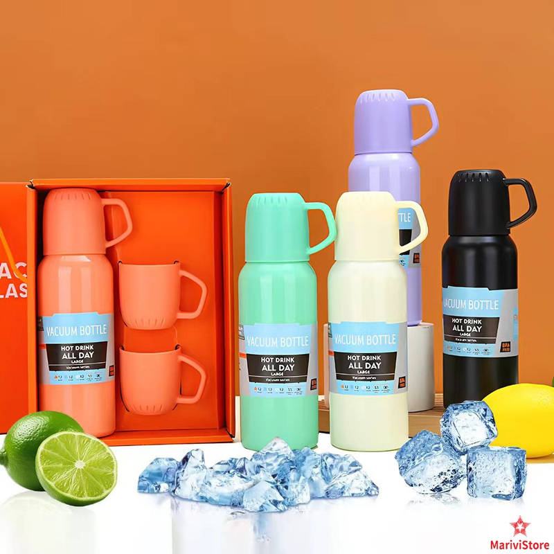 Caneca Kit Garrafa Térmica Vacuum Bottle Inox 500ml + 3 Xícaras Bebidas Fria ou Quente