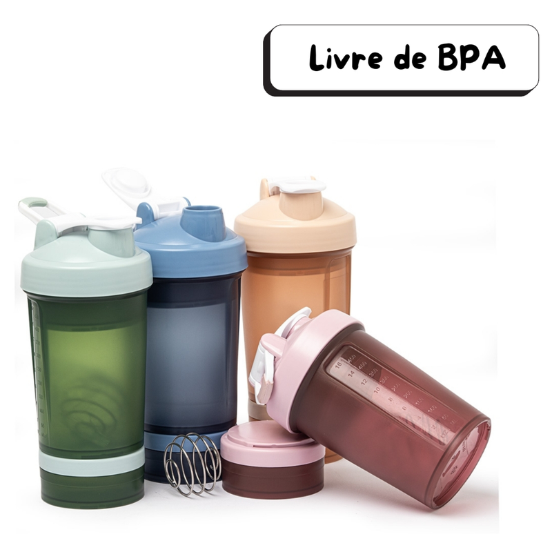 Coqueteleira 500 ml livre de BPA 2 compartimentos whey vitamina academia shake misturador de mola