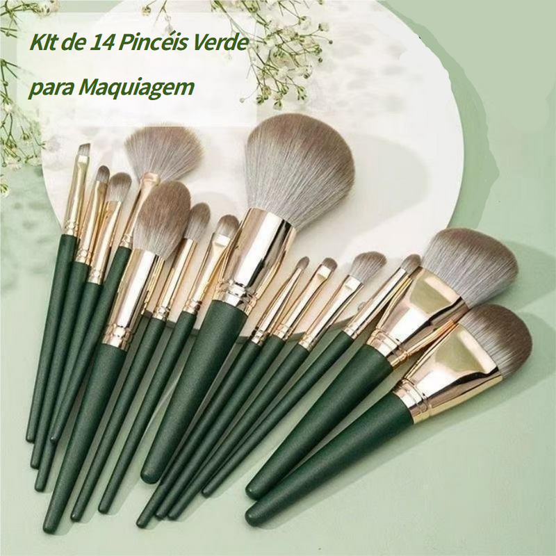 Kit de 14 Pinceis para Maquiagem Verde, Cerdas Macias Profissionais , Kit Completo Para Rosto E Olhos, Sombra e Base